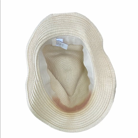 LOFT straw Fedora Pool Navy Blue Ribbon Bow beach hat Womens tan - Picture 2 of 3